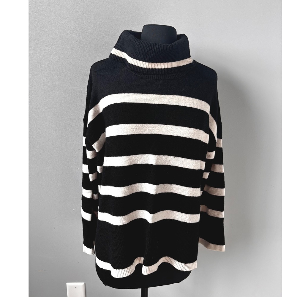 Luxe by Tricot Striped Turtleneck Sweater Womens Large Black Cream‎ Oversized